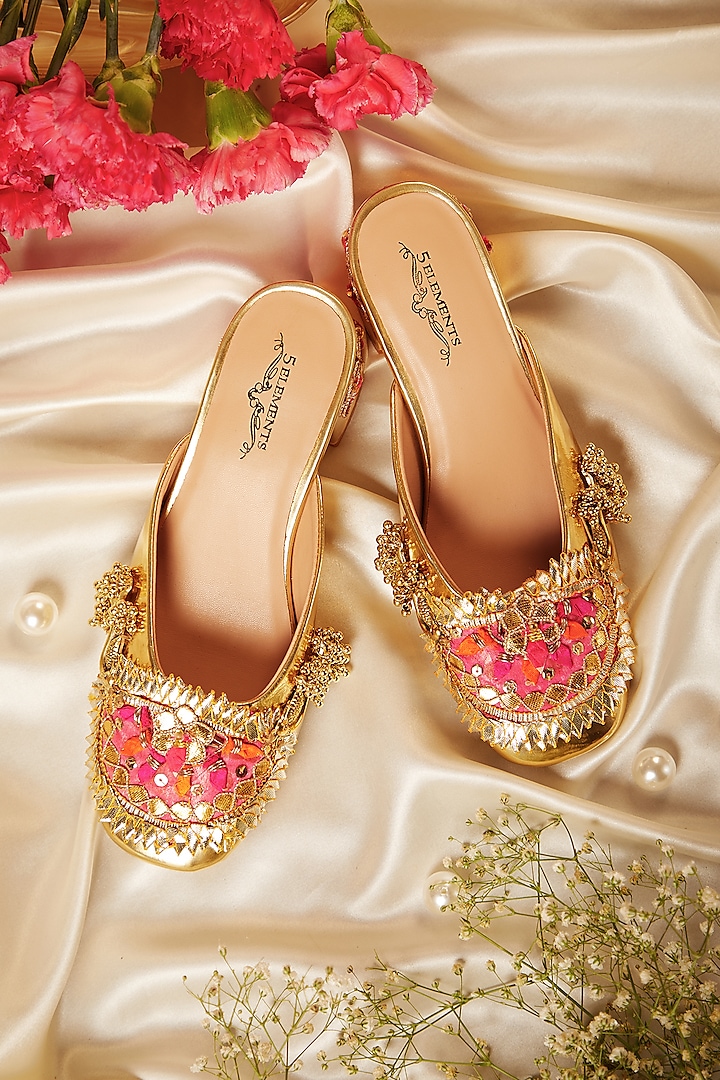 Gold Leatherette Ghungroo Embellished Mule Heels by 5 Elements