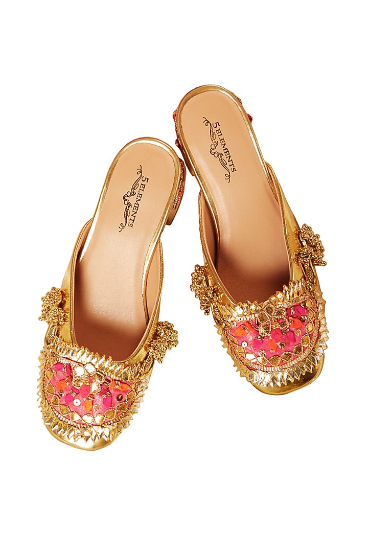 Gold Leatherette Ghungroo Embellished Mule Heels by 5 Elements at Pernia's Pop Up Shop