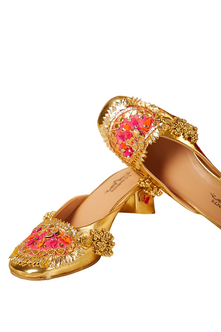 Gold Leatherette Ghungroo Embellished Mule Heels by 5 Elements at Pernia's Pop Up Shop