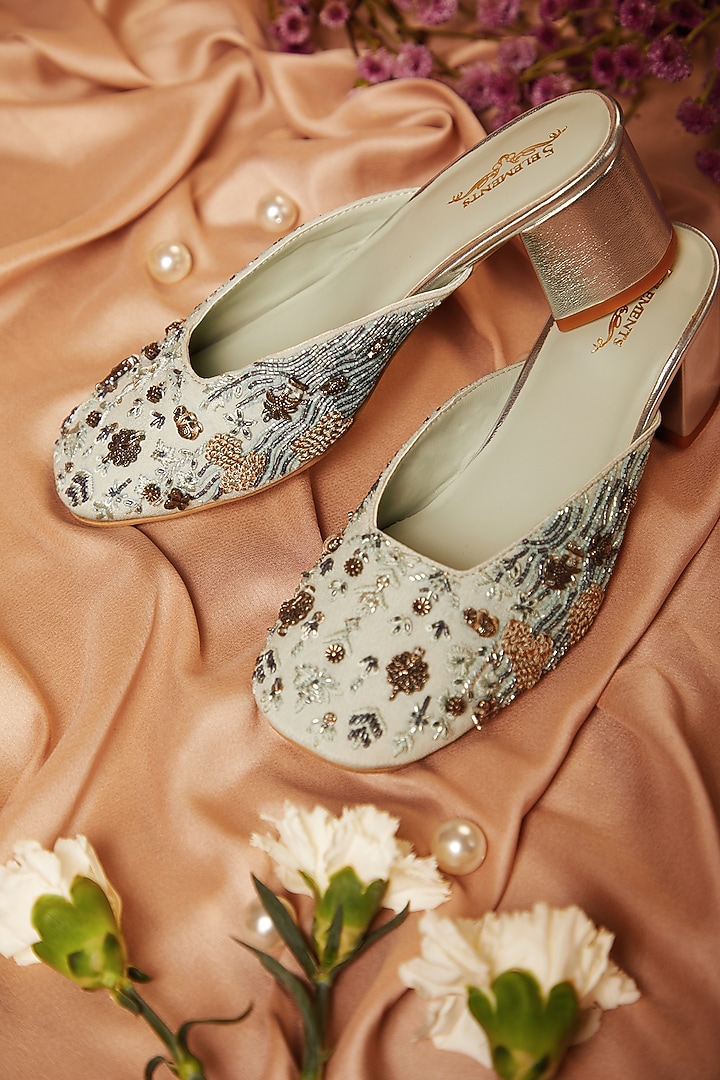Mint Leatherette Floral Silk Thread Embroidered Mule Heels by 5 Elements at Pernia's Pop Up Shop