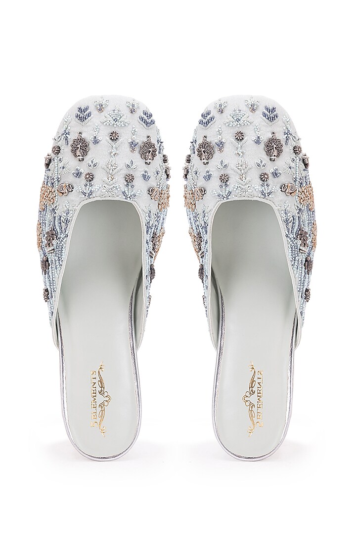 Mint Leatherette Floral Silk Thread Embroidered Mule Heels by 5 Elements at Pernia's Pop Up Shop