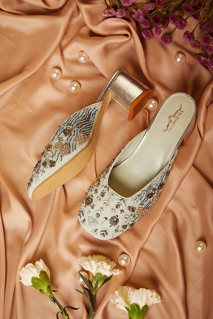 Mint Leatherette Floral Silk Thread Embroidered Mule Heels by 5 Elements at Pernia's Pop Up Shop