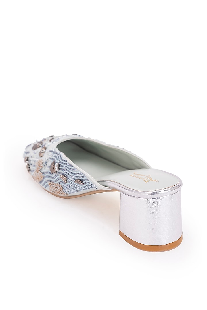 Mint Leatherette Floral Silk Thread Embroidered Mule Heels by 5 Elements at Pernia's Pop Up Shop