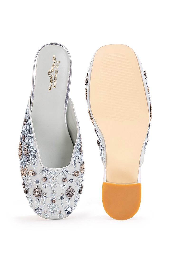 Mint Leatherette Floral Silk Thread Embroidered Mule Heels by 5 Elements at Pernia's Pop Up Shop