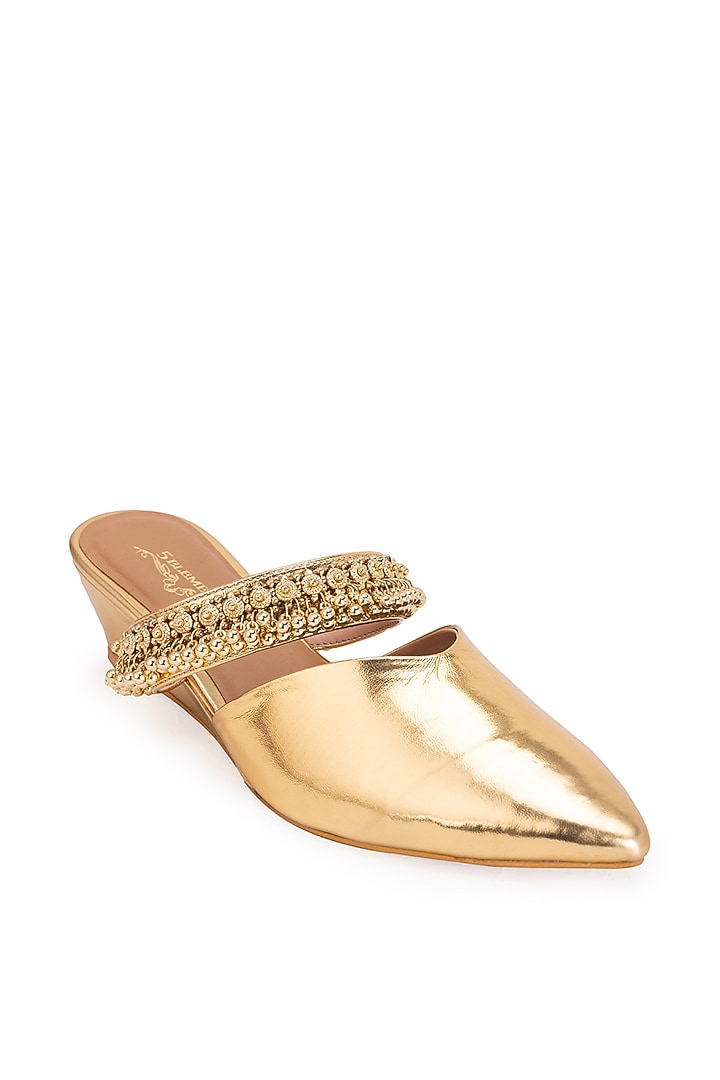 Gold Leatherette Ghungroo Embellished Mule Heels by 5 Elements at Pernia's Pop Up Shop