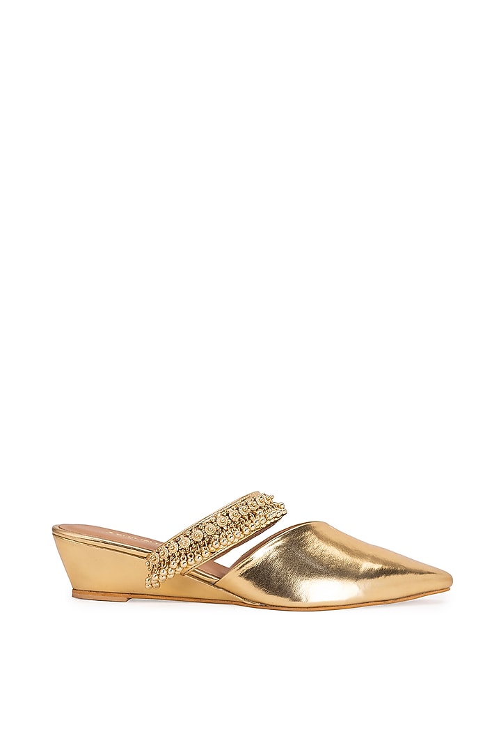 Gold Leatherette Ghungroo Embellished Mule Heels by 5 Elements at Pernia's Pop Up Shop