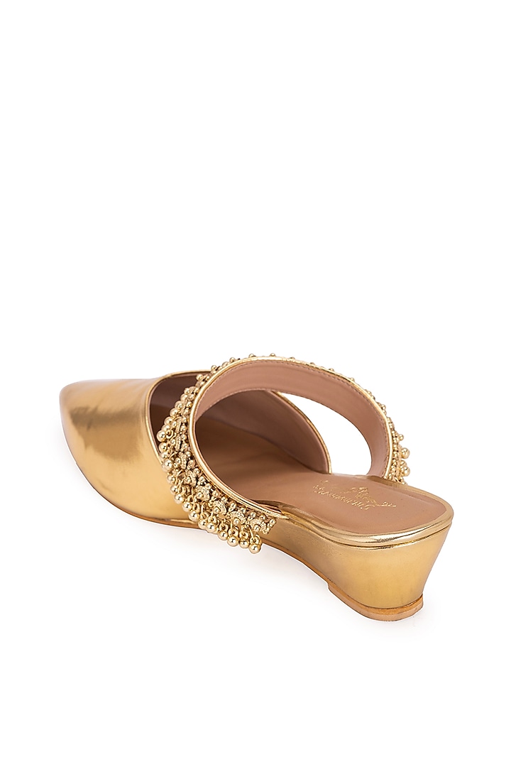 Gold Leatherette Ghungroo Embellished Mule Heels by 5 Elements at Pernia's Pop Up Shop