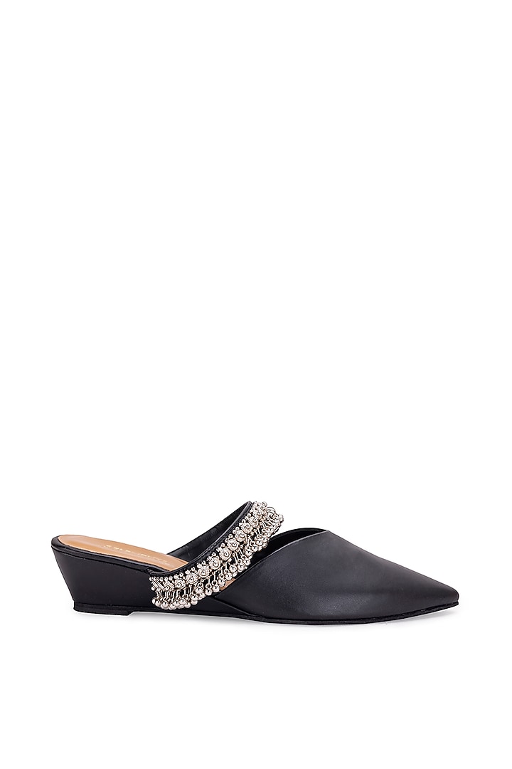 Black Leatherette Ghungroo Embellished Mule Heels by 5 Elements at Pernia's Pop Up Shop