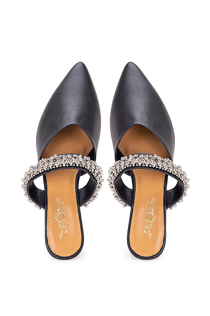 Black Leatherette Ghungroo Embellished Mule Heels by 5 Elements at Pernia's Pop Up Shop