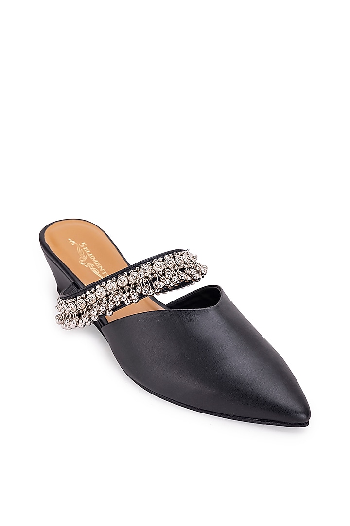 Black Leatherette Ghungroo Embellished Mule Heels by 5 Elements at Pernia's Pop Up Shop