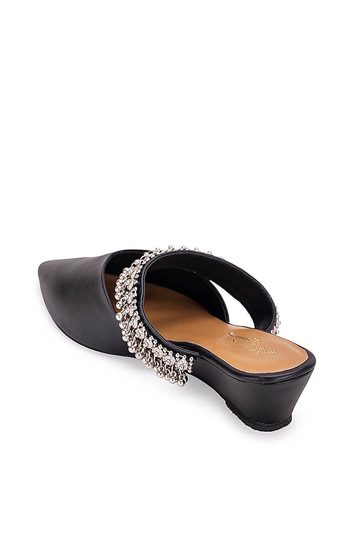 Black Leatherette Ghungroo Embellished Mule Heels by 5 Elements at Pernia's Pop Up Shop