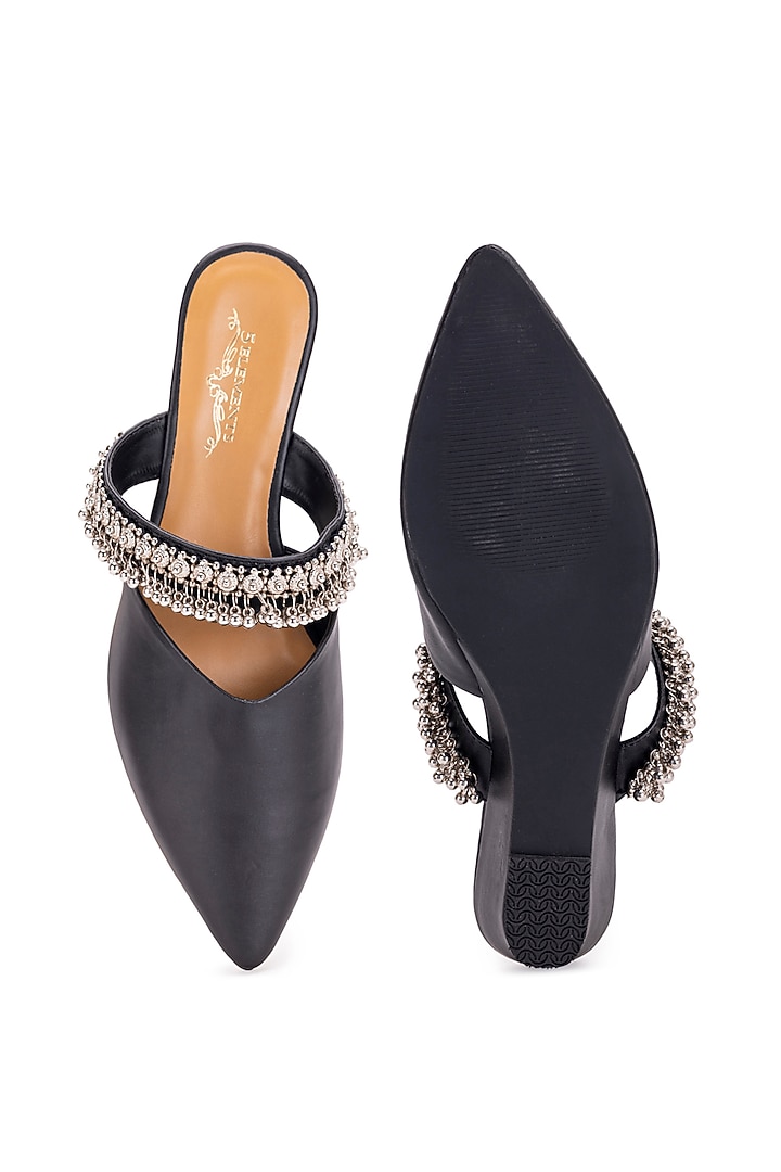 Black Leatherette Ghungroo Embellished Mule Heels by 5 Elements at Pernia's Pop Up Shop