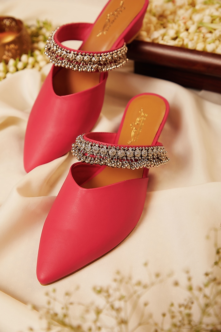Pink Leatherette Ghungroo Embellished Mule Heels by 5 Elements at Pernia's Pop Up Shop