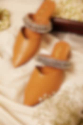 Beige Leatherette Ghungroo Embellished Mule Heels by 5 Elements