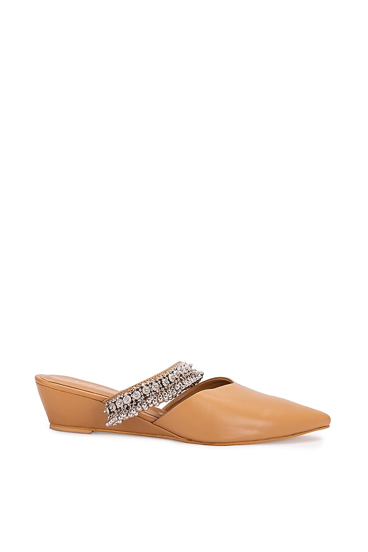 Beige Leatherette Ghungroo Embellished Mule Heels by 5 Elements at Pernia's Pop Up Shop