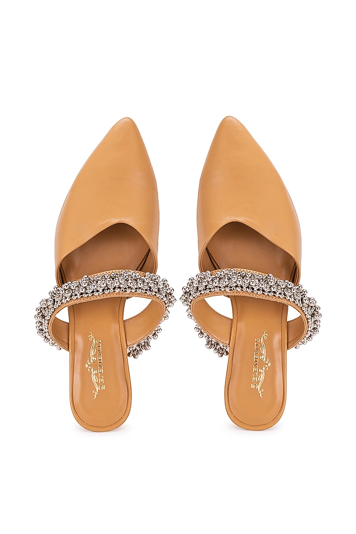 Beige Leatherette Ghungroo Embellished Mule Heels by 5 Elements at Pernia's Pop Up Shop