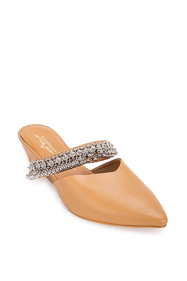 Beige Leatherette Ghungroo Embellished Mule Heels by 5 Elements at Pernia's Pop Up Shop