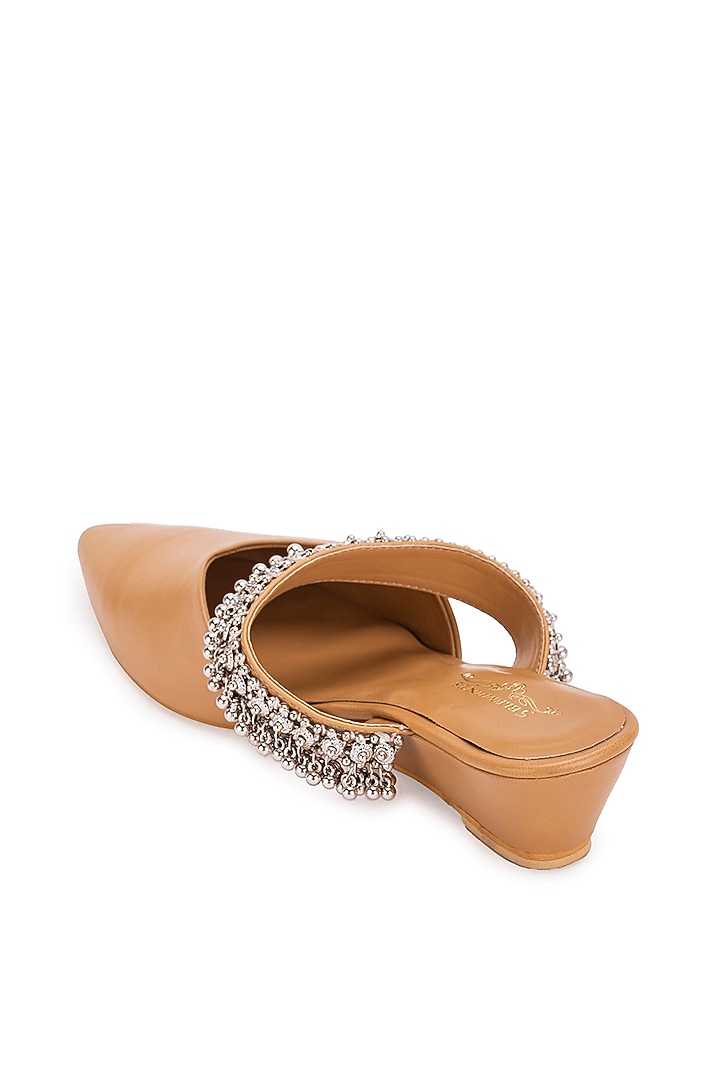 Beige Leatherette Ghungroo Embellished Mule Heels by 5 Elements at Pernia's Pop Up Shop