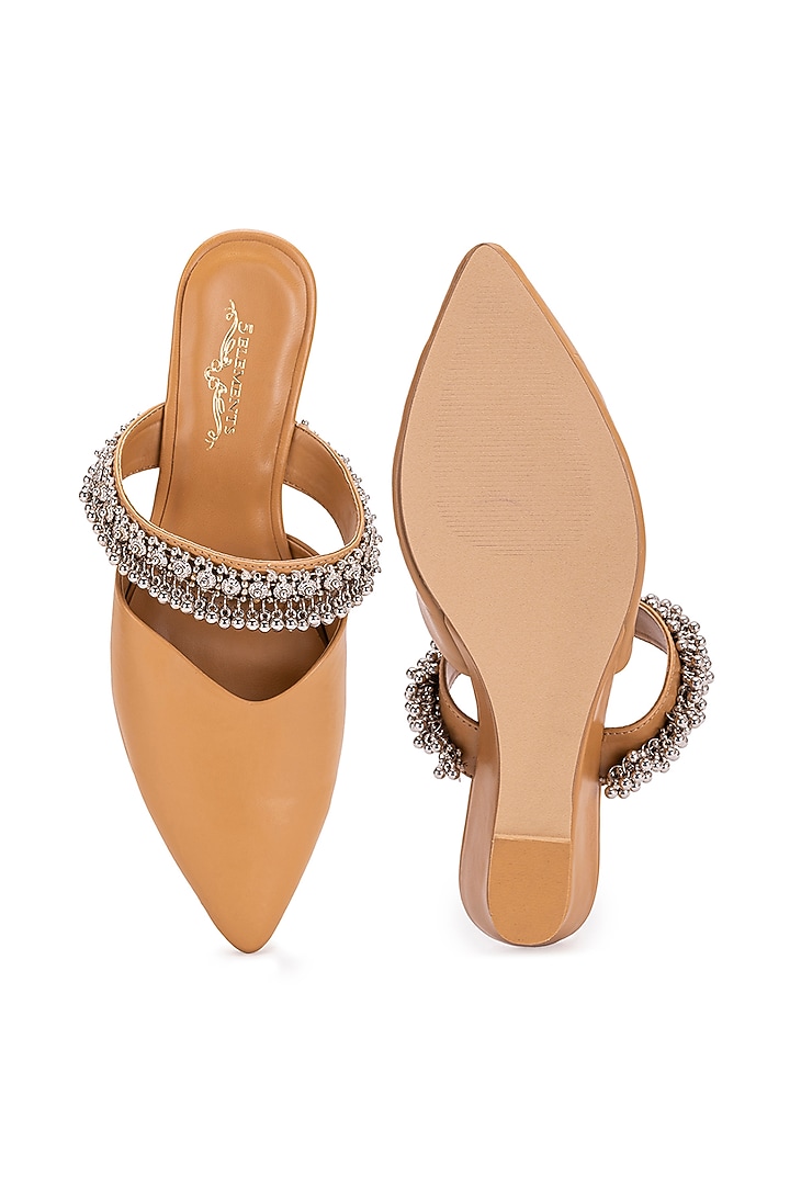 Beige Leatherette Ghungroo Embellished Mule Heels by 5 Elements at Pernia's Pop Up Shop