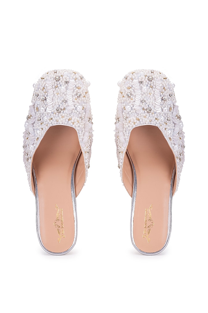 White Leatherette Stone Embellished Mule Heels by 5 Elements at Pernia's Pop Up Shop