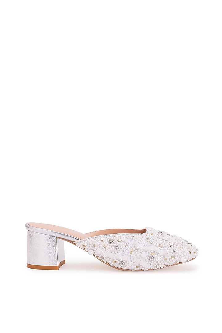 White Leatherette Stone Embellished Mule Heels by 5 Elements at Pernia's Pop Up Shop