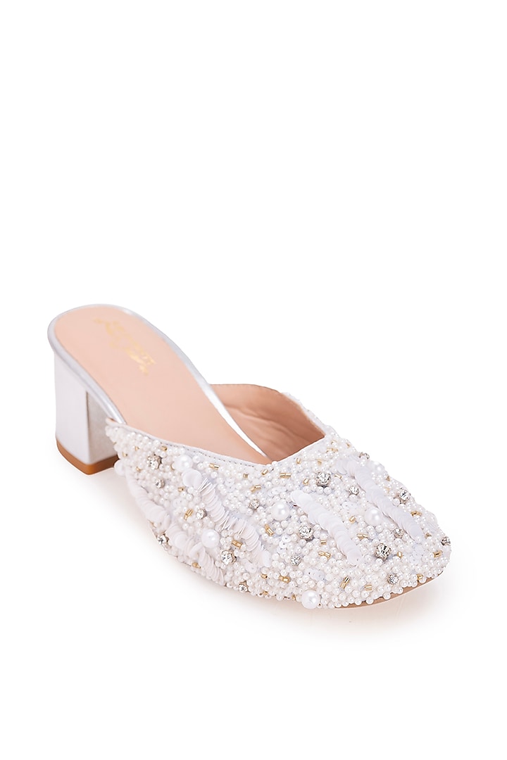 White Leatherette Stone Embellished Mule Heels by 5 Elements at Pernia's Pop Up Shop