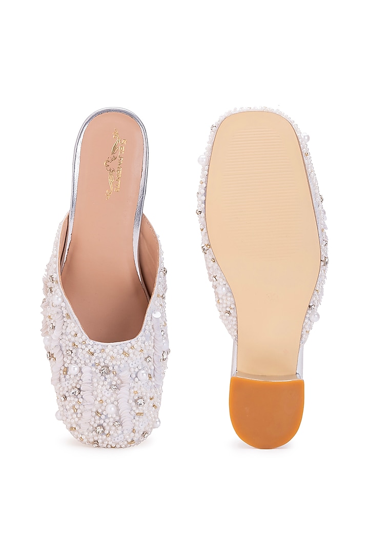 White Leatherette Stone Embellished Mule Heels by 5 Elements at Pernia's Pop Up Shop