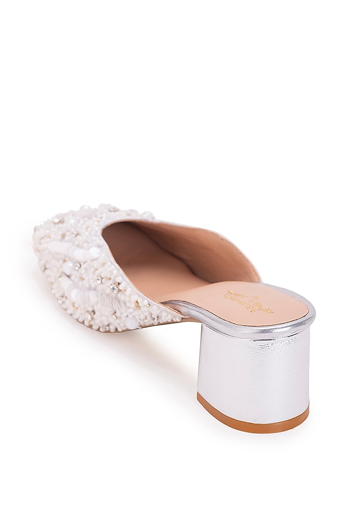 White Leatherette Stone Embellished Mule Heels by 5 Elements at Pernia's Pop Up Shop