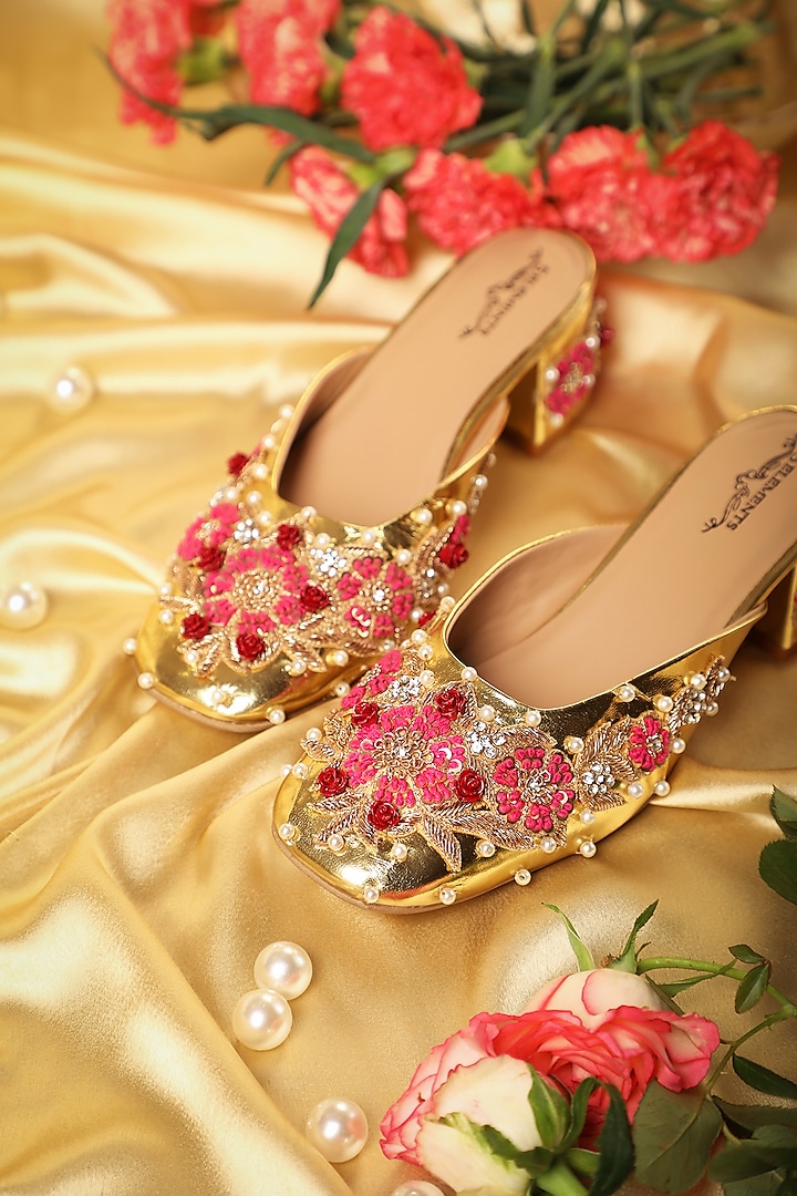 Gold Leatherette Floral Embellished Mule Heels by 5 Elements