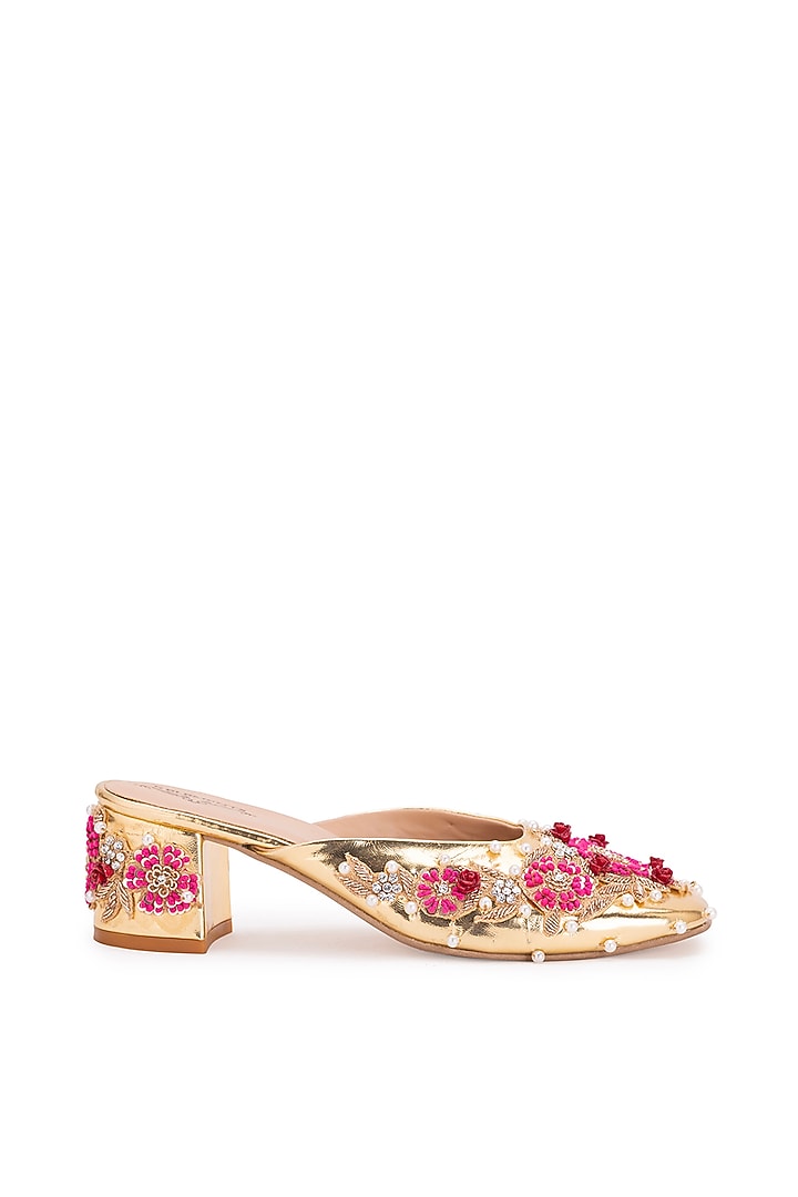 Gold Leatherette Floral Embellished Mule Heels by 5 Elements at Pernia's Pop Up Shop