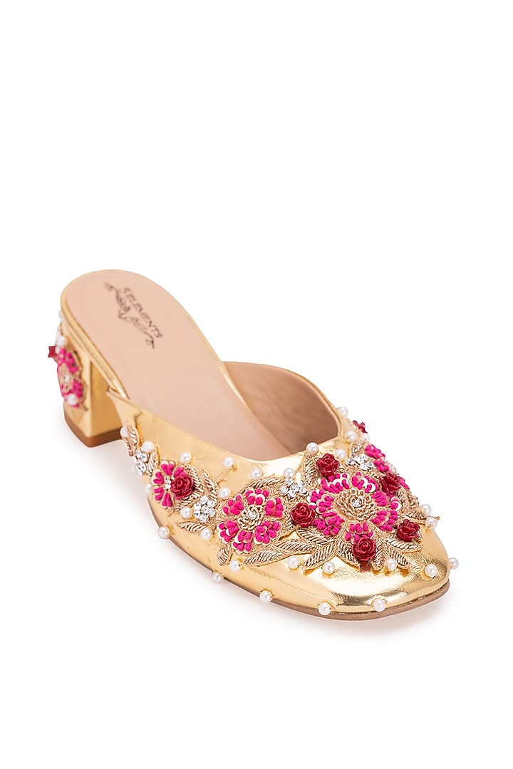 Gold Leatherette Floral Embellished Mule Heels by 5 Elements at Pernia's Pop Up Shop