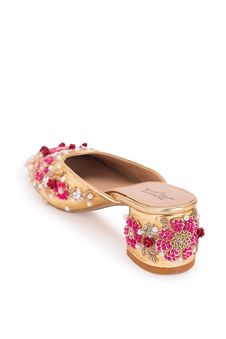 Gold Leatherette Floral Embellished Mule Heels by 5 Elements at Pernia's Pop Up Shop