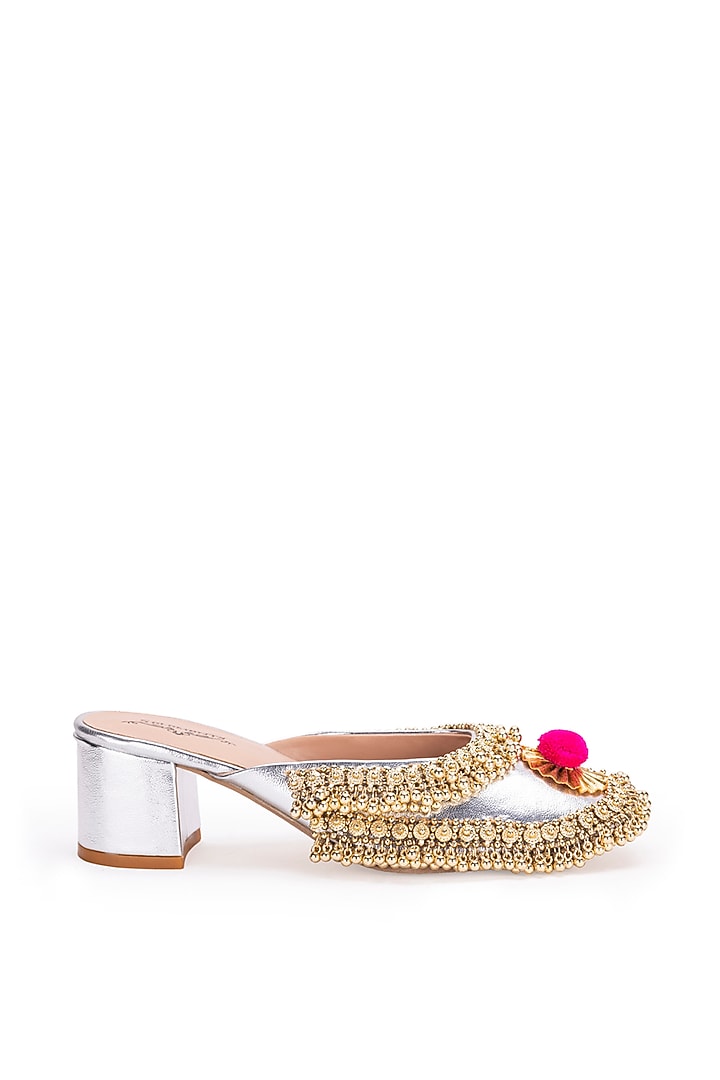 Silver Leatherette Dabka Embroidered Mule Heels by 5 Elements at Pernia's Pop Up Shop