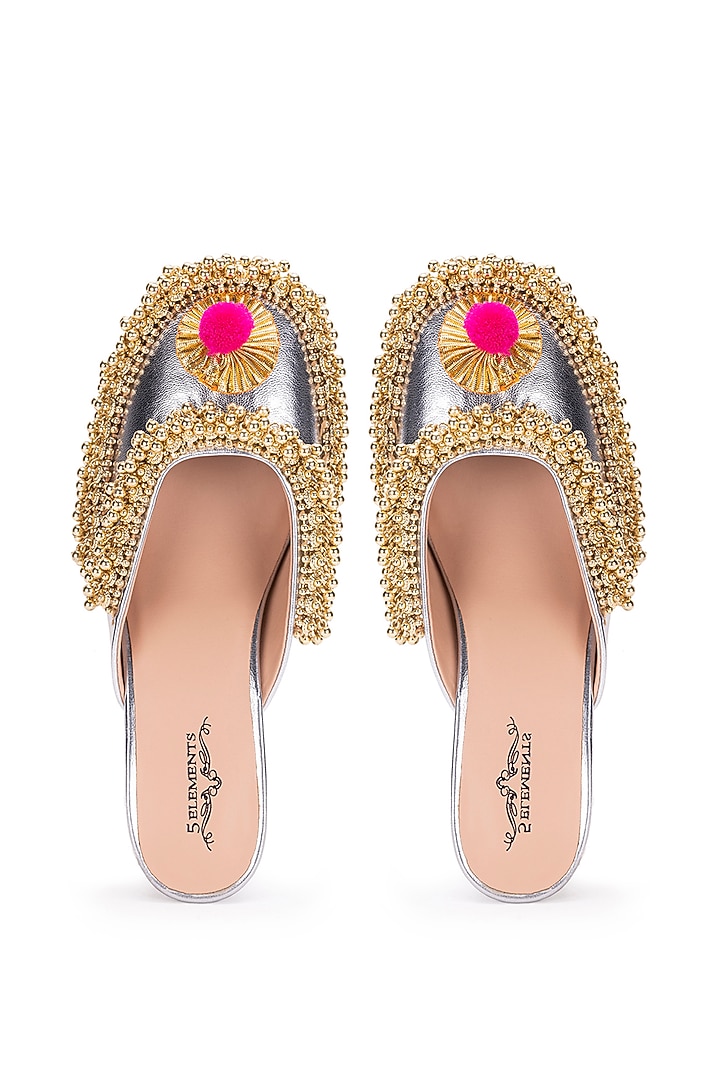 Silver Leatherette Dabka Embroidered Mule Heels by 5 Elements at Pernia's Pop Up Shop