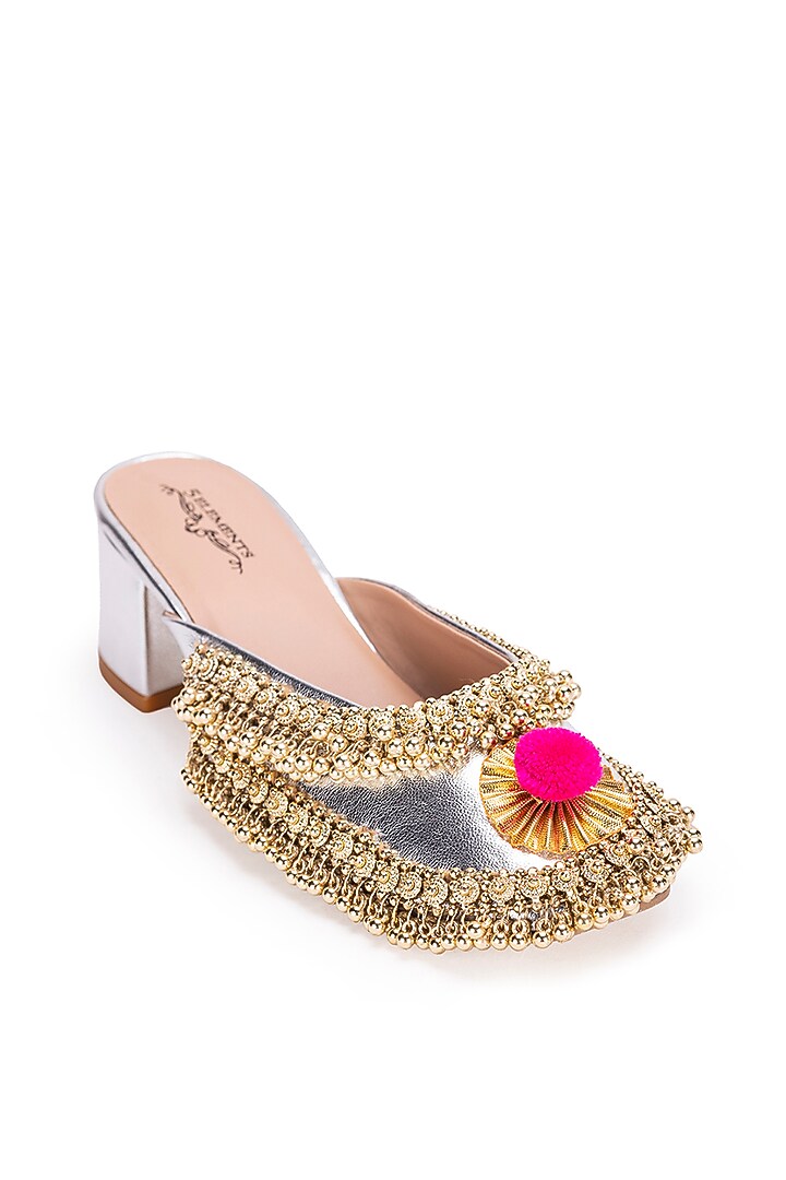 Silver Leatherette Dabka Embroidered Mule Heels by 5 Elements at Pernia's Pop Up Shop
