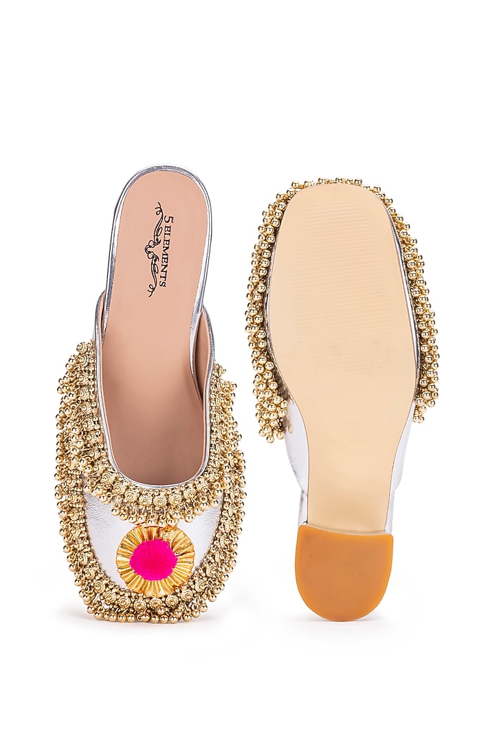 Silver Leatherette Dabka Embroidered Mule Heels by 5 Elements at Pernia's Pop Up Shop