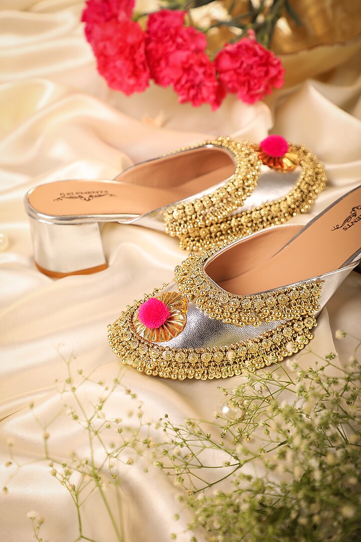 Silver Leatherette Dabka Embroidered Mule Heels by 5 Elements at Pernia's Pop Up Shop