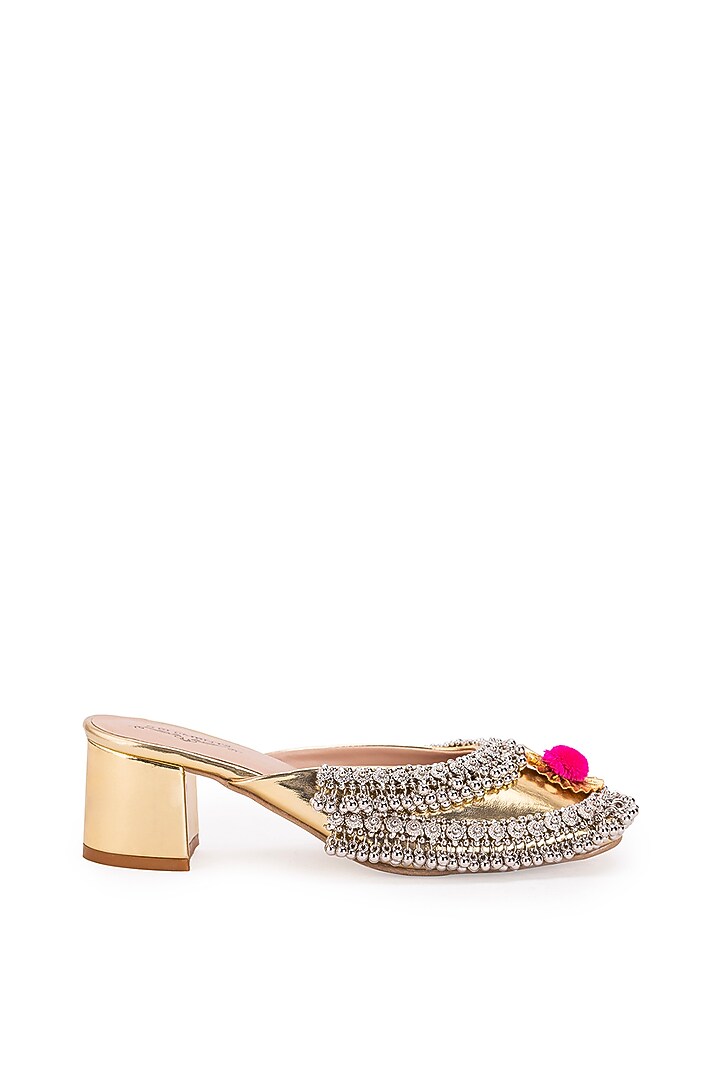 Gold Leatherette Dabka Embroidered Mule Heels by 5 Elements at Pernia's Pop Up Shop