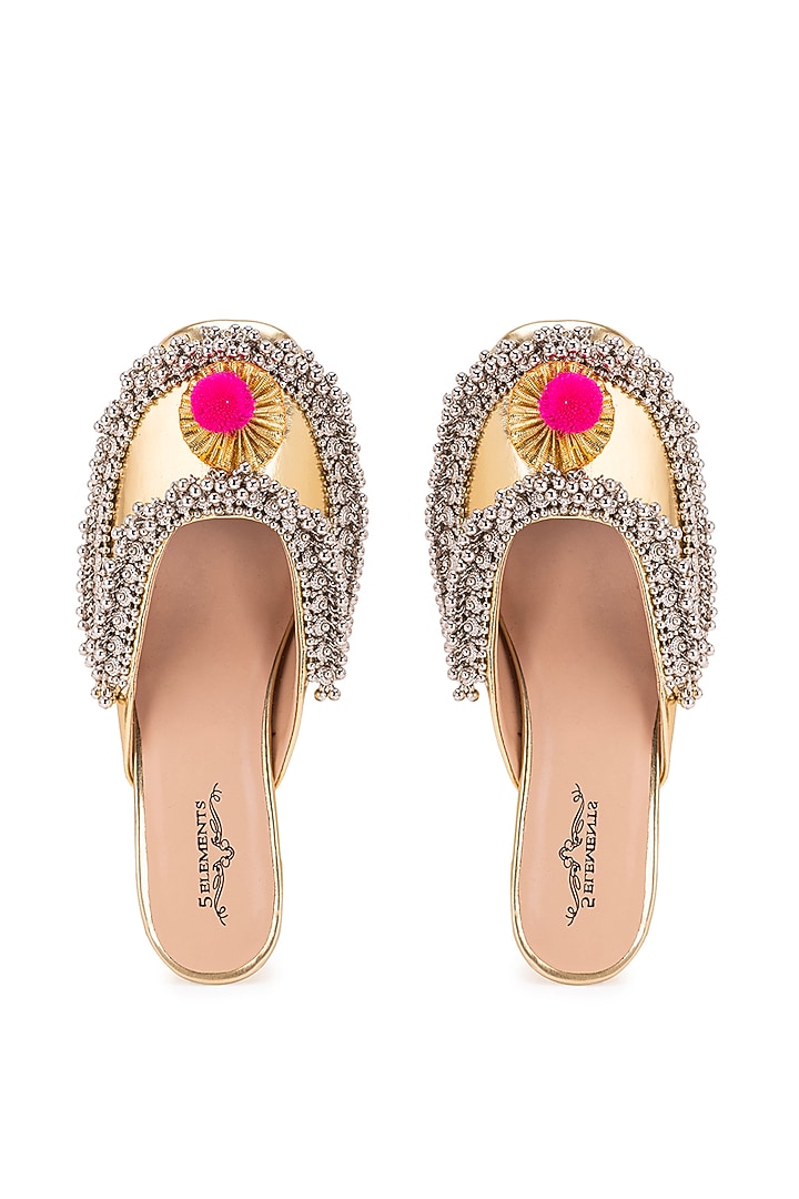 Gold Leatherette Dabka Embroidered Mule Heels by 5 Elements at Pernia's Pop Up Shop
