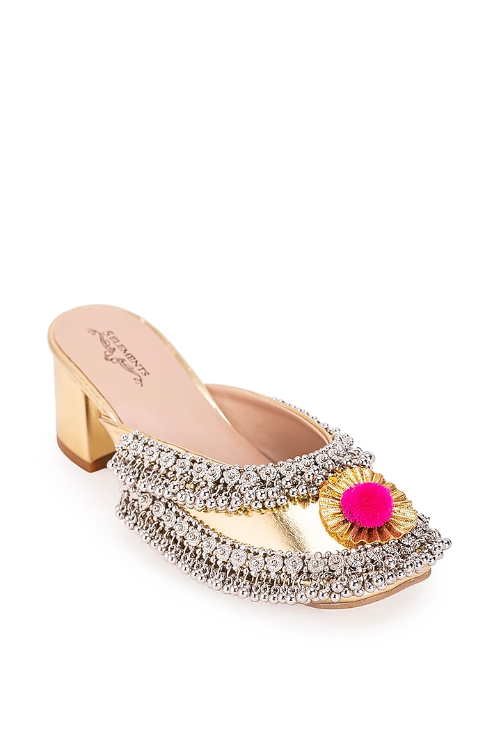 Gold Leatherette Dabka Embroidered Mule Heels by 5 Elements at Pernia's Pop Up Shop