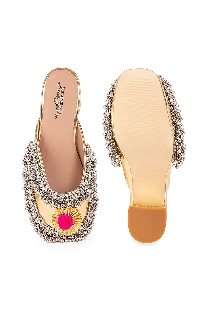 Gold Leatherette Dabka Embroidered Mule Heels by 5 Elements at Pernia's Pop Up Shop