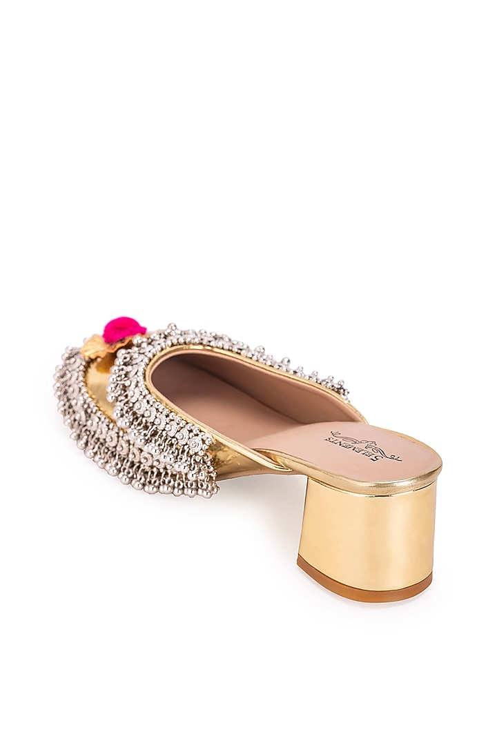 Gold Leatherette Dabka Embroidered Mule Heels by 5 Elements at Pernia's Pop Up Shop