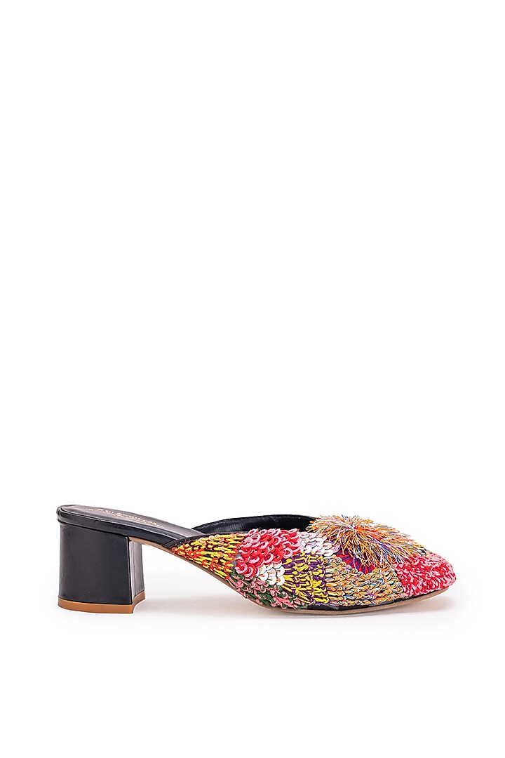 Black Leatherette Embroidered Mule Heels by 5 Elements at Pernia's Pop Up Shop