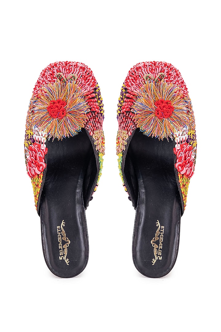 Black Leatherette Embroidered Mule Heels by 5 Elements at Pernia's Pop Up Shop