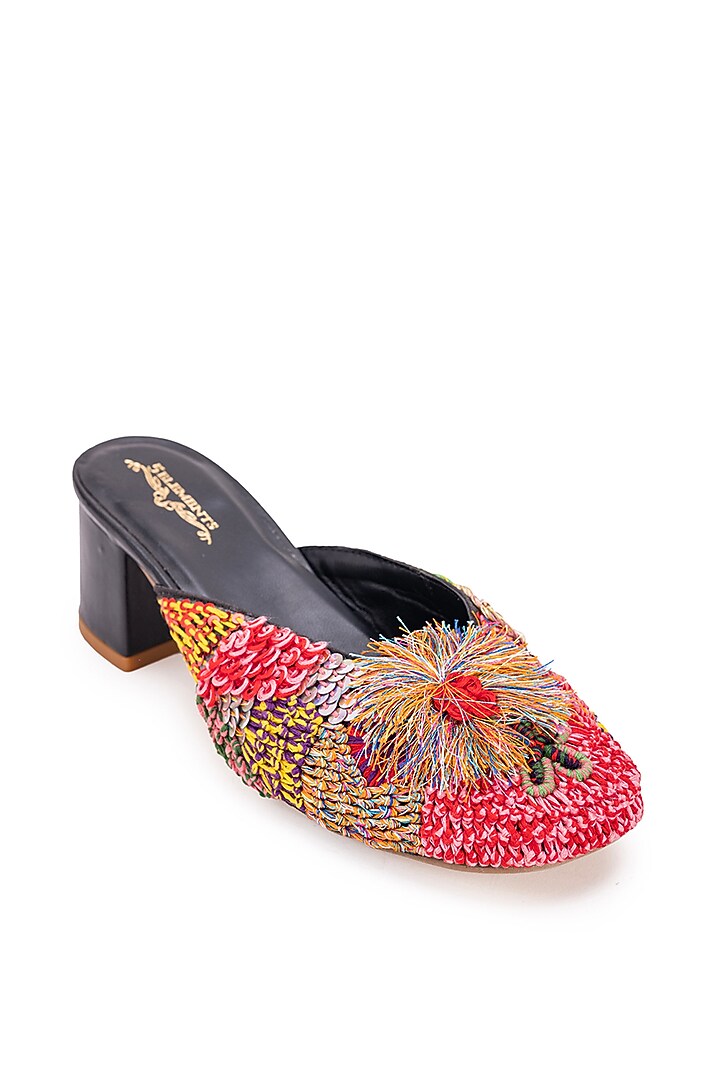 Black Leatherette Embroidered Mule Heels by 5 Elements at Pernia's Pop Up Shop