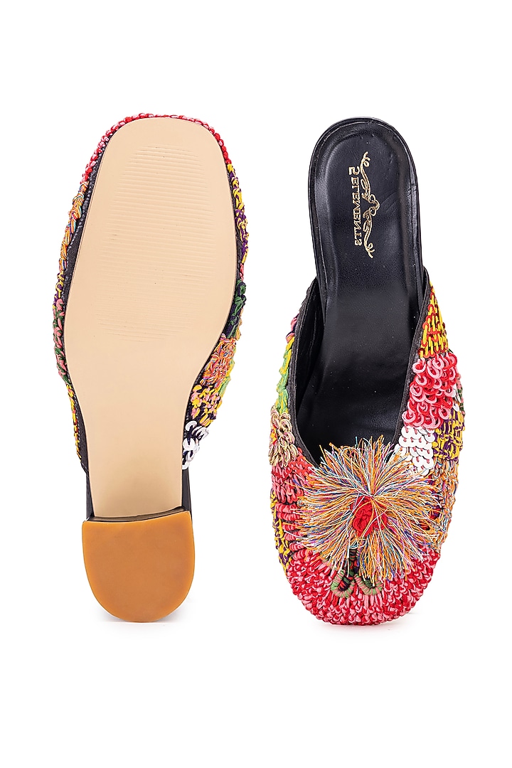 Black Leatherette Embroidered Mule Heels by 5 Elements at Pernia's Pop Up Shop