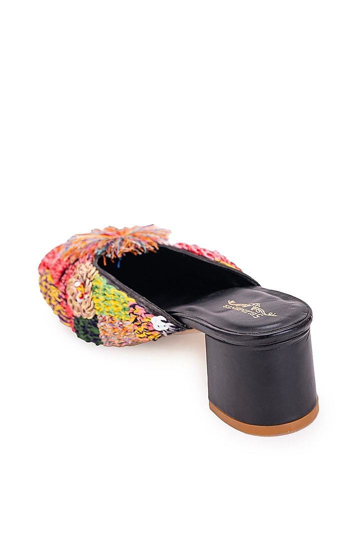 Black Leatherette Embroidered Mule Heels by 5 Elements at Pernia's Pop Up Shop