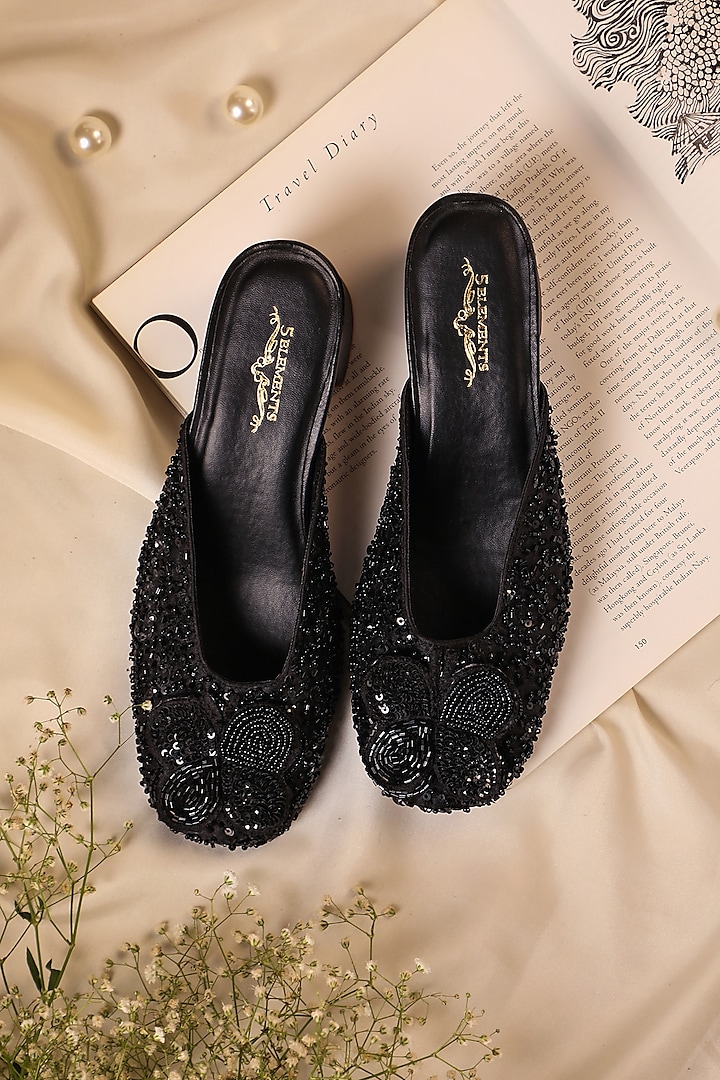 Black Leatherette Stone Embroidered Mule Heels by 5 Elements