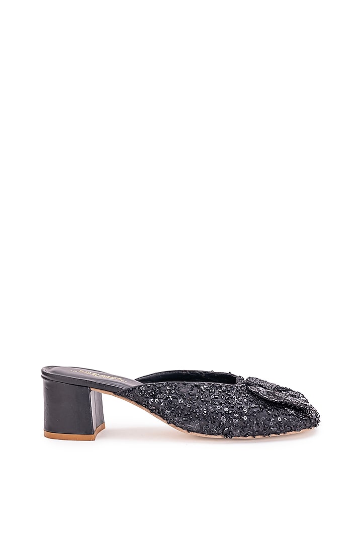 Black Leatherette Stone Embroidered Mule Heels by 5 Elements at Pernia's Pop Up Shop