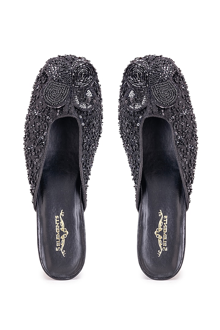 Black Leatherette Stone Embroidered Mule Heels by 5 Elements at Pernia's Pop Up Shop
